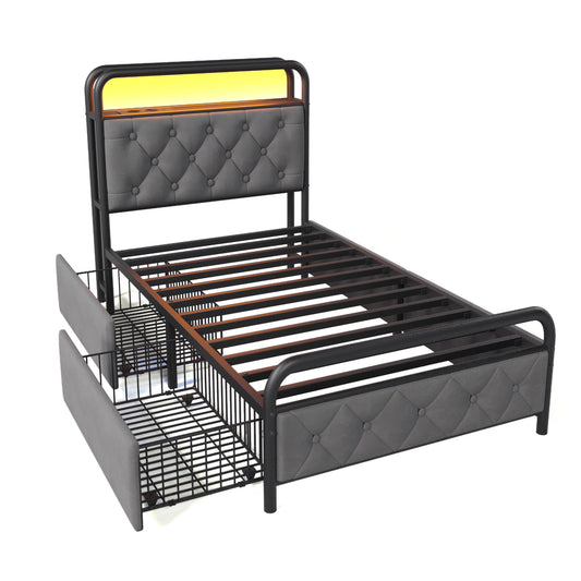 KOMHTOM Einzelbett 90x200 cm Samt - USB Type C Ladefunktion, APP-Control LED, 2 Schubladen, ohne Matratze