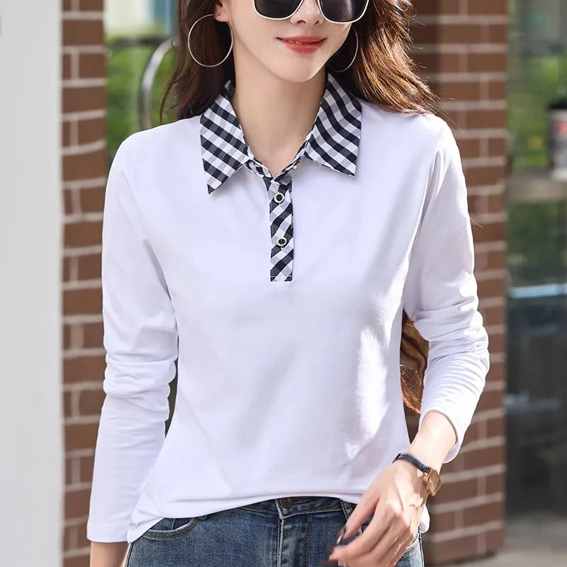 European station lapel long sleeved t-shirt women's new high-end fashion light luxury casual plus size spring and autumn top