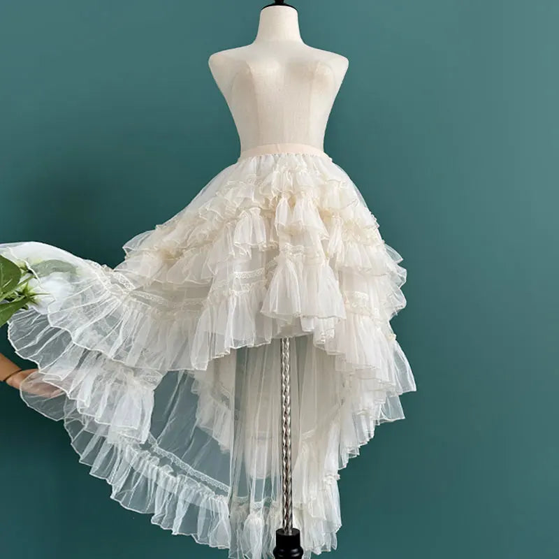 Gothic Lolita Layered Underskirt Sweet Princess Mesh High Low Ruffled Skirt for Women.