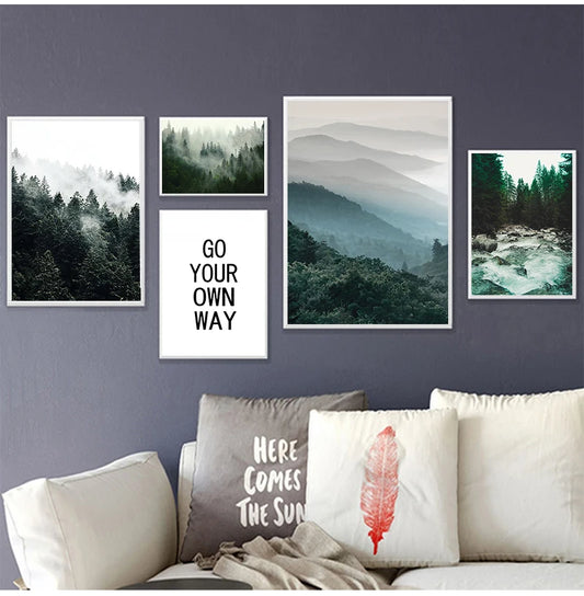 Mountain Wall Posters Fog Forest Canvas Painting Natural Landscape Poster Nordic Wall Pictures For Living Room Home Decoration.
