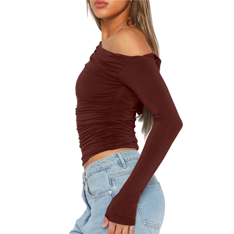 NEW-Women's Casual Long Sleeve Boat Neck Off Shoulder Slim Fit Crop Top Going Out Blouses Y2K Tight Shirts.