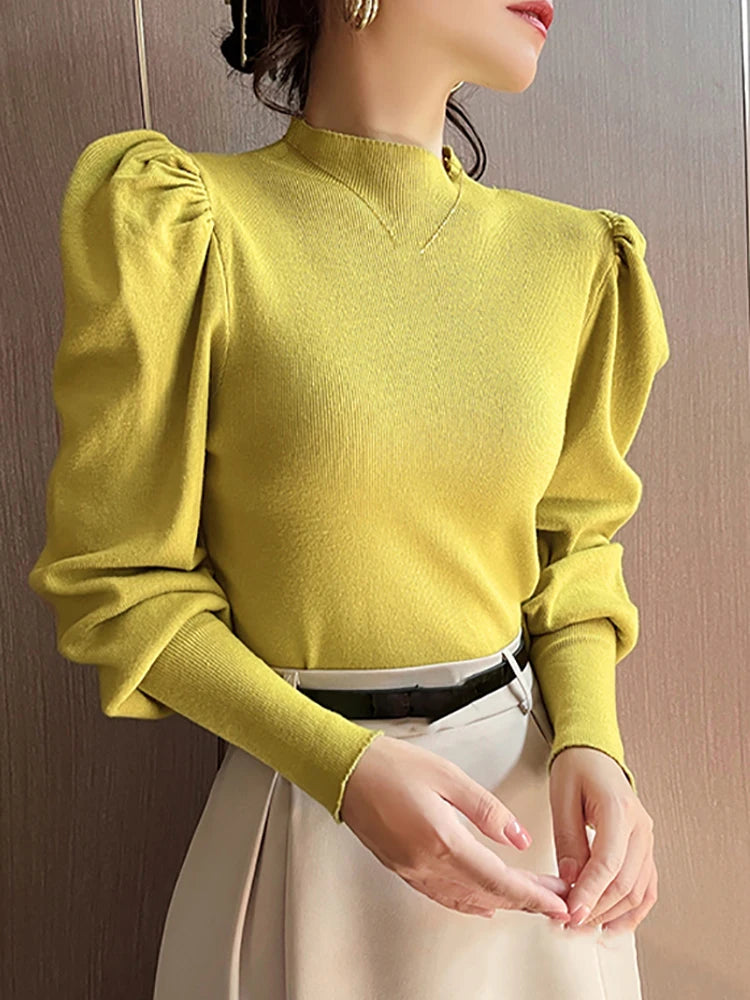 Herbst Winter Pullover Rollkragen Slim Fit Grundlegende Pullover Mode Koreanische Stricken Tops Puff Sleeve Damen Pullover Stretch Jumper