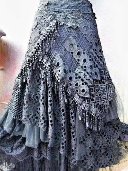 Elegant Lace Asymmetrical Skirt Women Vintage Y2K Boho High Waist Hollow Mesh Patchwork Layered Maxi Skirts Lady Holiday Outfits.