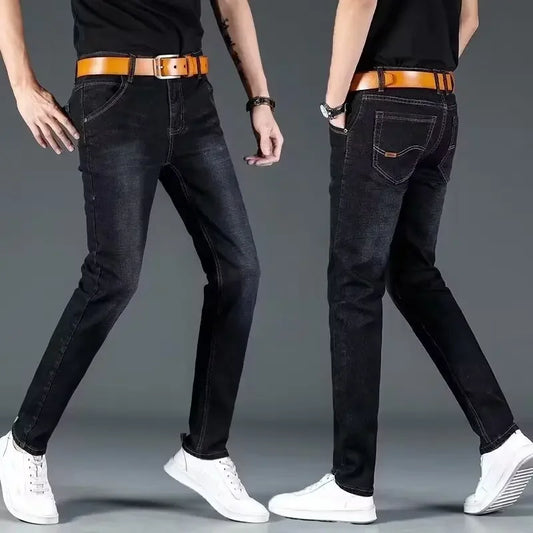 Summer Men's Stretch Jeans Straight-Leg Loose-Fit Business Casual Versatile Long Pants Lightweight Wear-Resistant.