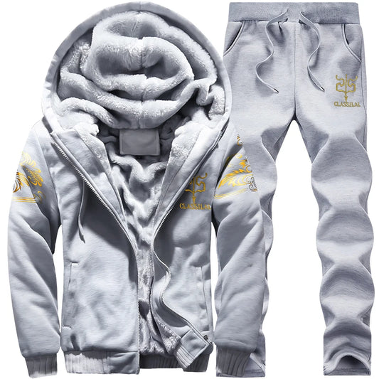 2023 New Winter Thick Men Sports Suit Tracksuit Hooded Sportswear Zipper Cardigan Hooded Woolen Trousers Pants Casual Men Set.