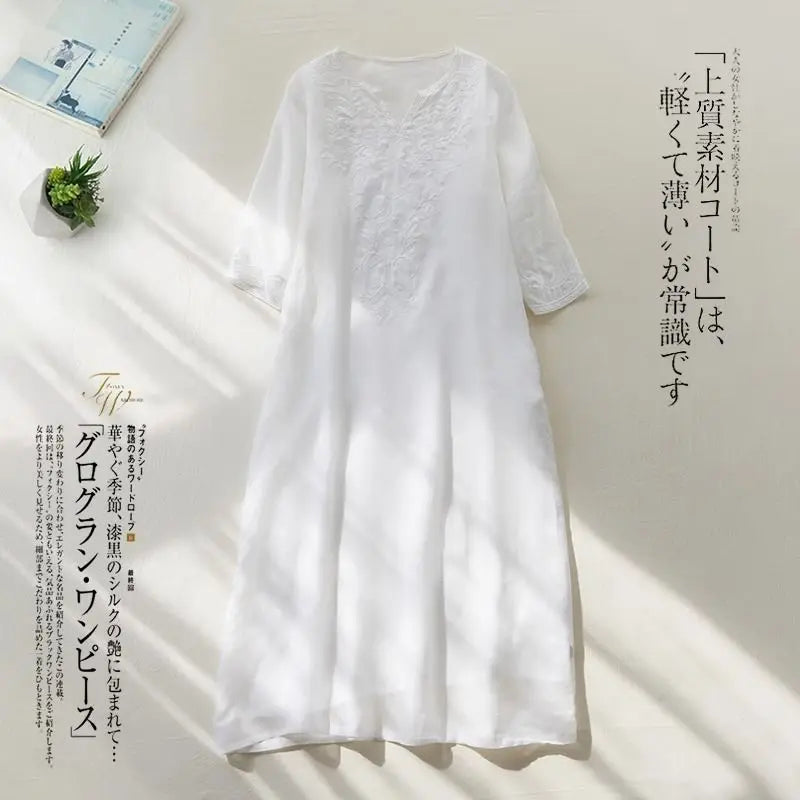 Ethnisches Vintage-Kurzarmkleid aus schwerer Stickerei aus Baumwolle und Leinen für Damen, lockeres langes Sommerkleid mit V-Ausschnitt und elegantem Stil