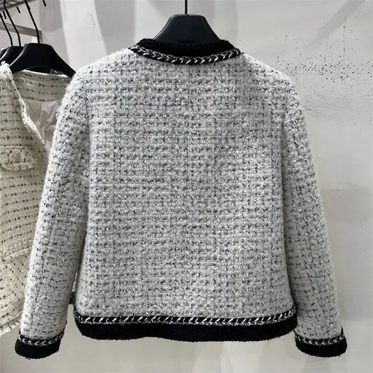 Women Tweed O-neck Loose Jackets Tops Korean Design Single Breasted Vintage Manteau Spring Fall Long Sleeve Abrigos Blusas New.