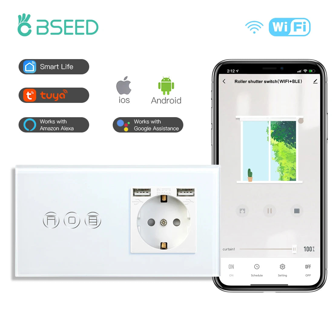 BSEED Wifi Shutter Schalter APP Control Led Smart Blind Serie Weiß Glas Panel Unterstützung Tuya Google Smart Leben Rollladen