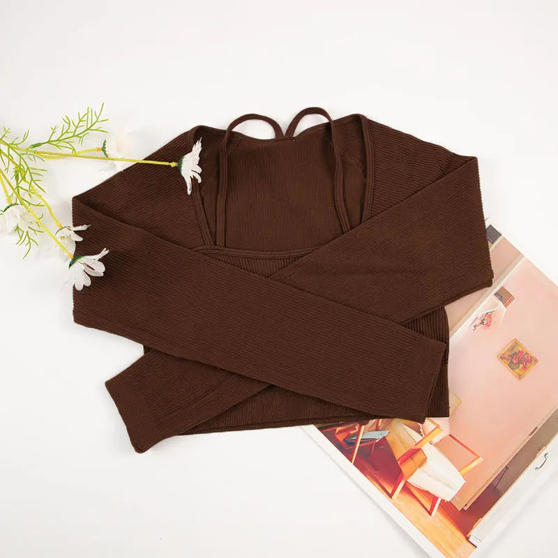 CHRLEISURE Ribbed Seamless Crop Top Women's Long Sleeve Sports Shirt Elastic Slim Workout Tee Outdoor Yoga Shirts Gym Wear.