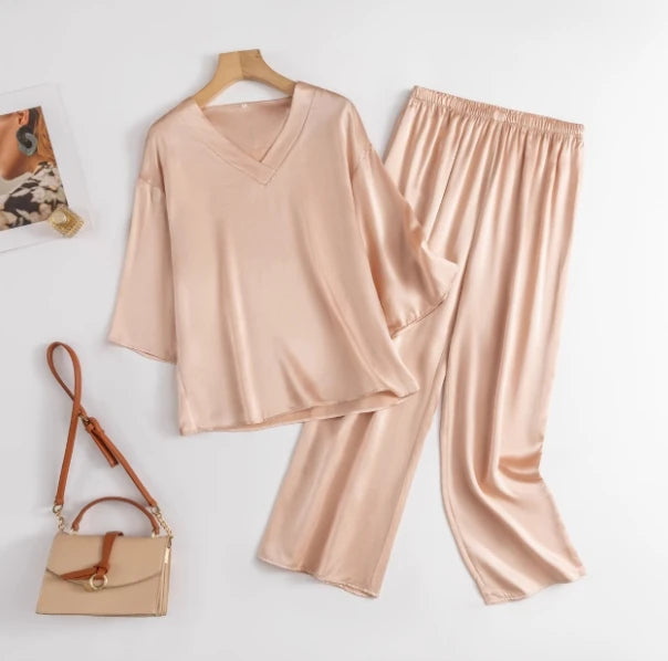 Women 100% Pure Mulberry Silk Charmeuse Silk V Neck Pajama Set Casual Loose Sleepwear Nightwear L XL SQ001.