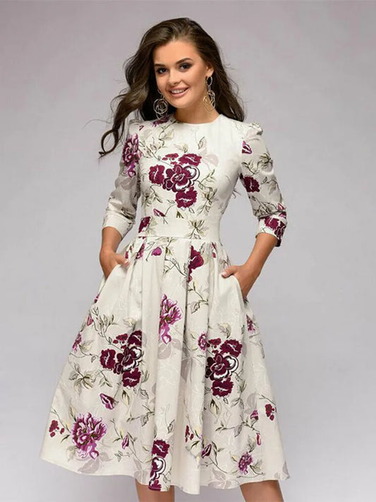 Vintage plissierten tunika druck kleid frauen Elegante damen A linie kleider langarm weibliche herbst mixi party kleid vestidos.