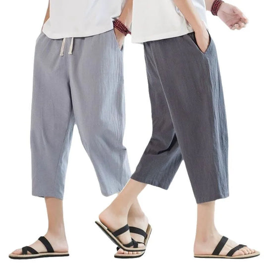 2025 new summer men's casual imitation linen seven quarter pants, thin solid color cut pants, fashionable hip-hop street sports.