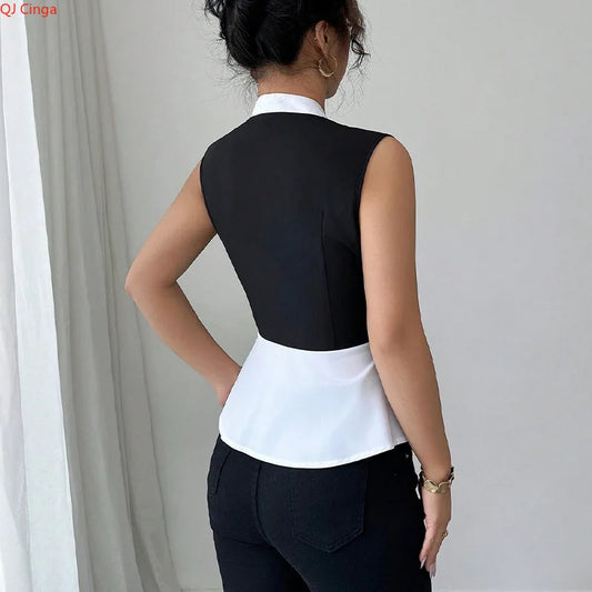 New Fall Women's Sleeveless Shirt, Black and White Block-Colored V-Neck Shirts, Asian Sizes S-XL..