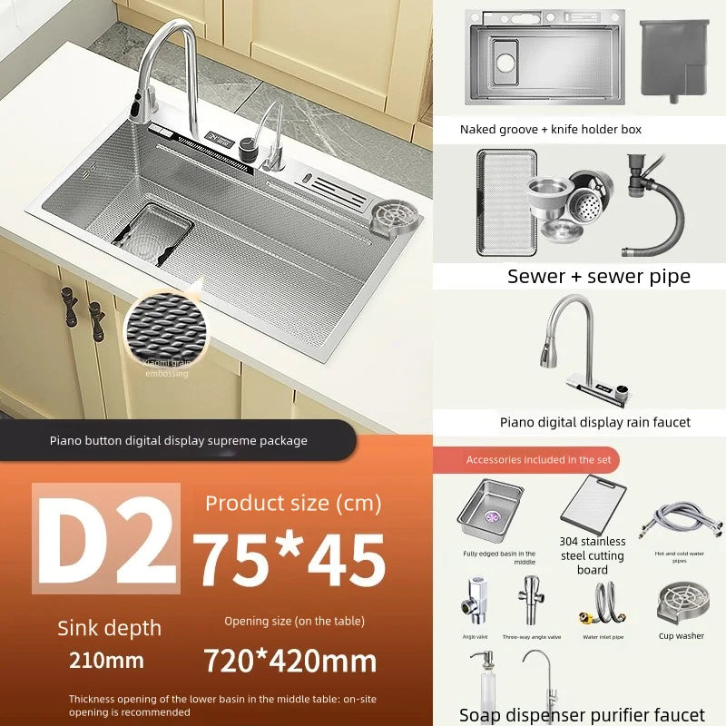 Kitchen Sink Stainless Steel Waterfall Wash Dish Vegetables Basin Multifunctional Smart Digital Display Screen Large Single Slot