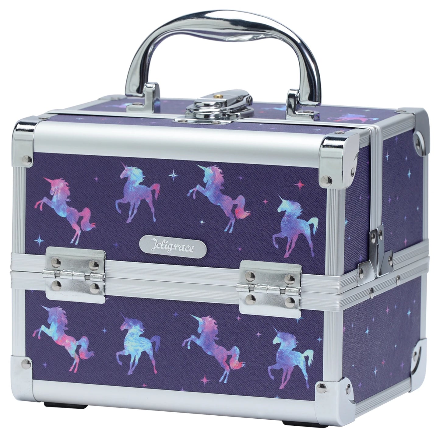 Makeup Case Portable Lock Alloy Unicorn Cosmetic Jewelry Nail Hair Accessories Storage Box with Mirror 2 Trays Make-up Suitcase.