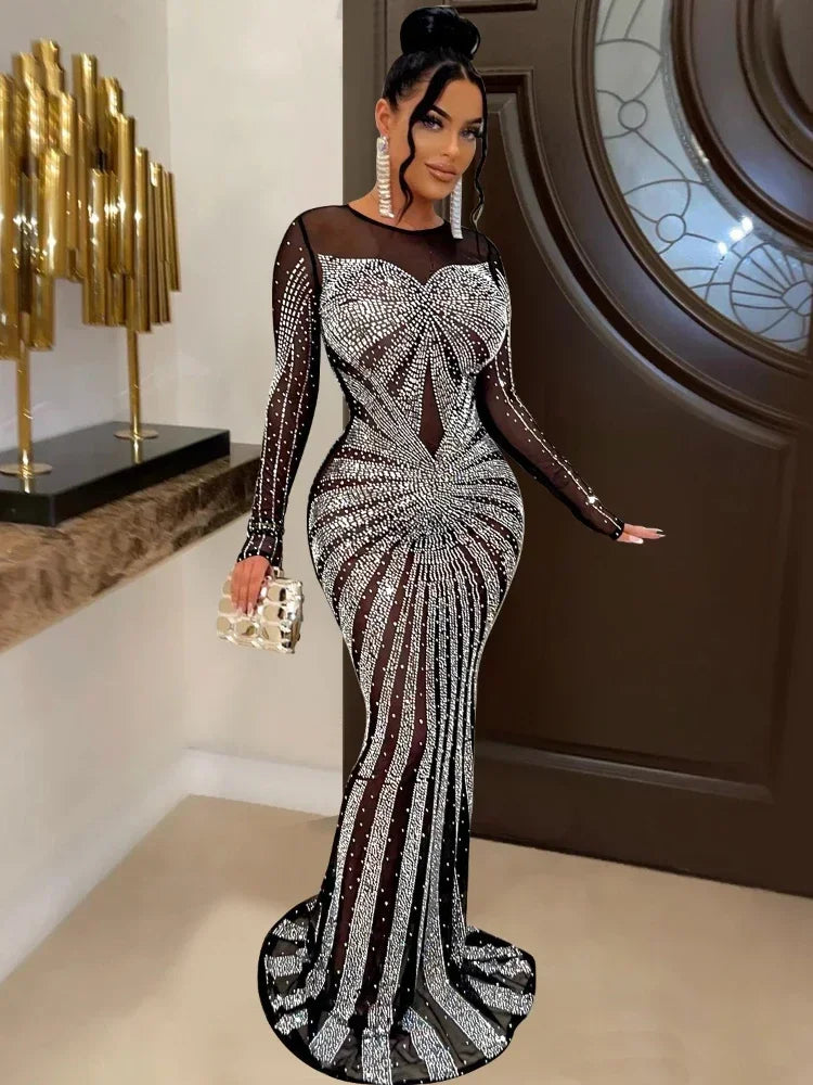 XIZOU Frauen Mesh Patchwork Diamanten Heißer Strass Bodenlangen Bodycon Meerjungfrau Maxi Kleid Sexy Party Abend Vestidos 2024