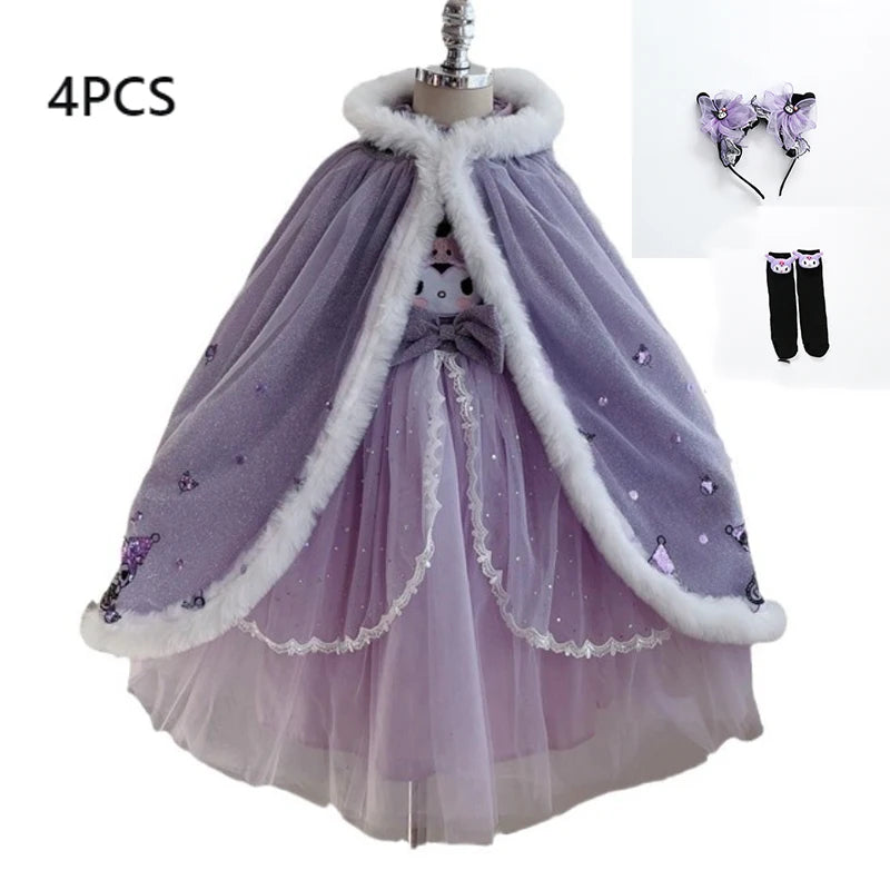 Anime Kuromi Lolita Kleid und Umhang Set Strickpullover Spleißen Mesh Prinzessin Kleid Partykleid Herbst Winter Urlaub Geschenk.