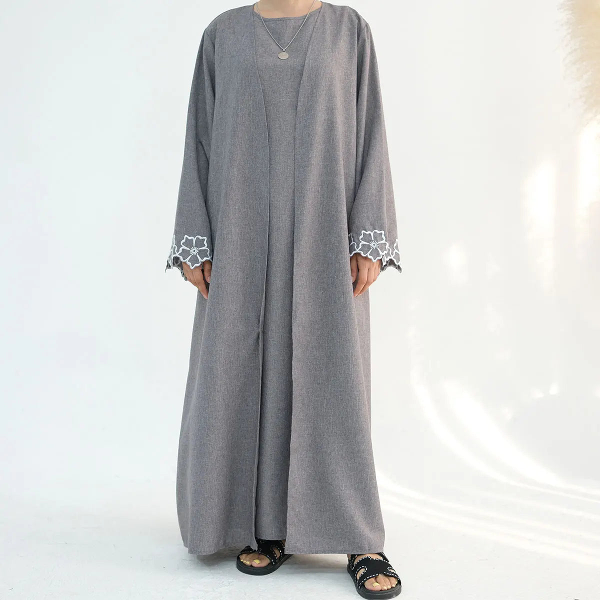 Chic Coffee Color Outer Piece Abaya Geometric Cuff Embroidery Ideal Modern Muslim Women Suitable for Daily/Semi formal Occasion