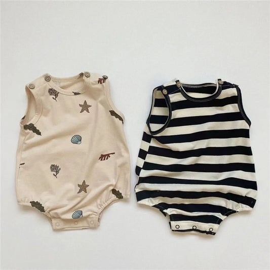 2-teilige Baby-Jungen-Kleidung für Neugeborene, Bodys, Baumwolldruck, ärmellose Säuglingskleidung, Cartoon-Bebes, Kleinkind-Overall, 0–18 Monate.