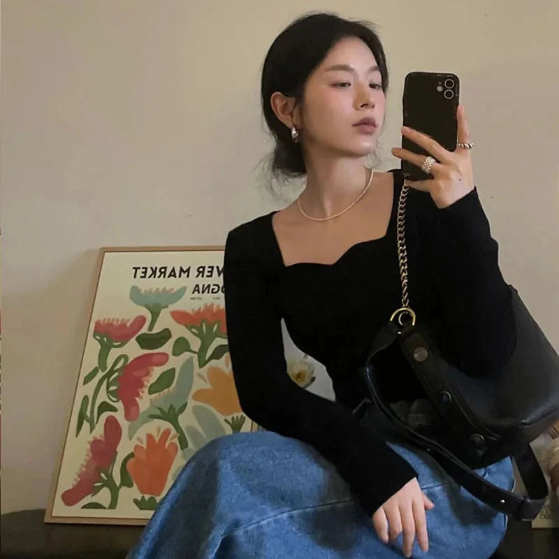 Gestrickte Pullover Frauen Vintage Solide Pullover Herbst Winter Koreanische Elegante Dünne Strickwaren Quadrat Kragen Alle Spiel Jumper Neue.