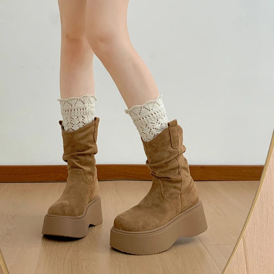 Chunky Platform Thick Sole Woman Ankle Boots Design Round Toe Slip On Shoes 2025 Autumn Winter Short Botas Para Mujer.