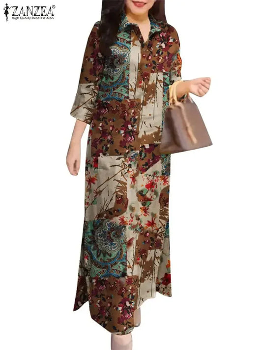 ZANZEA Women 3/4 Sleeve Long Dresses Fall 2024 Fashion Lapel Neck Cotton Shirtdress Vintage Floral Print Maxi Shirt Dress New In.