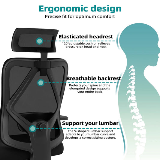 aiibottech Ergonomischer Bürostuhl, Netz-Schreibtischstuhl, verstellbare Lordosenstütze, drehbare neigbare Räder für Home-Office-Gaming