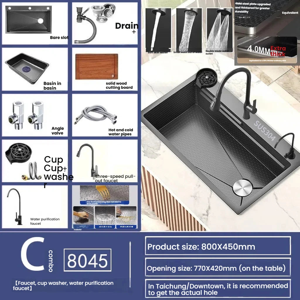 Gray Large Single Slot Stainless Steel Kitchen Sink Multifunctional Wash Dish Basin Nano Honeycomb Embossed Undermount Basin