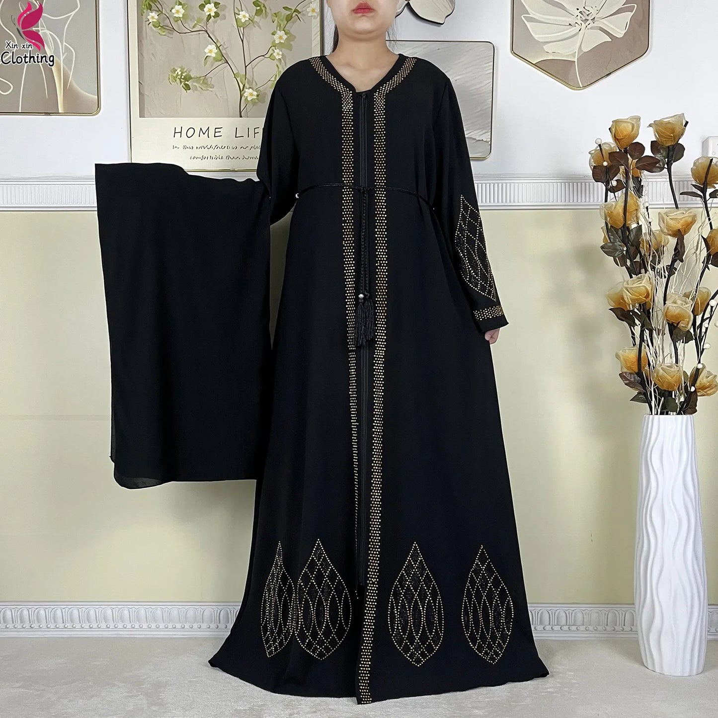 New Dubai Women Elegant Dress Diamonds Chiffon Open Abaya with Zipper Islamic Turkey Clothing Women Muslim Party Evening Dress