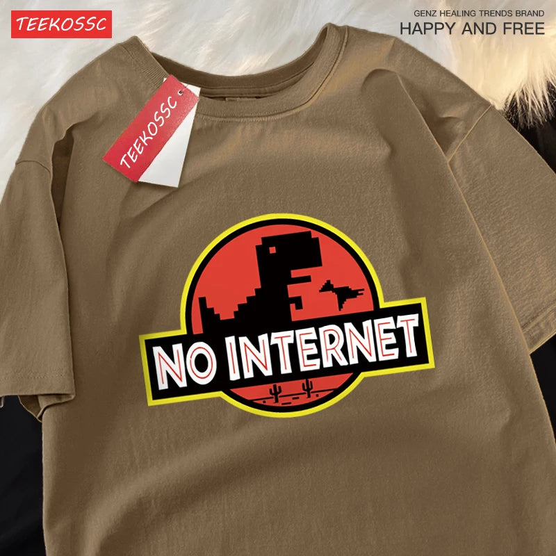 No Internet Fun Little Dinosaur Short Sleeve Mens Cartoons Cotton Tshirt Summer High Quality Clothing Fashion Oversize T-Shirts.