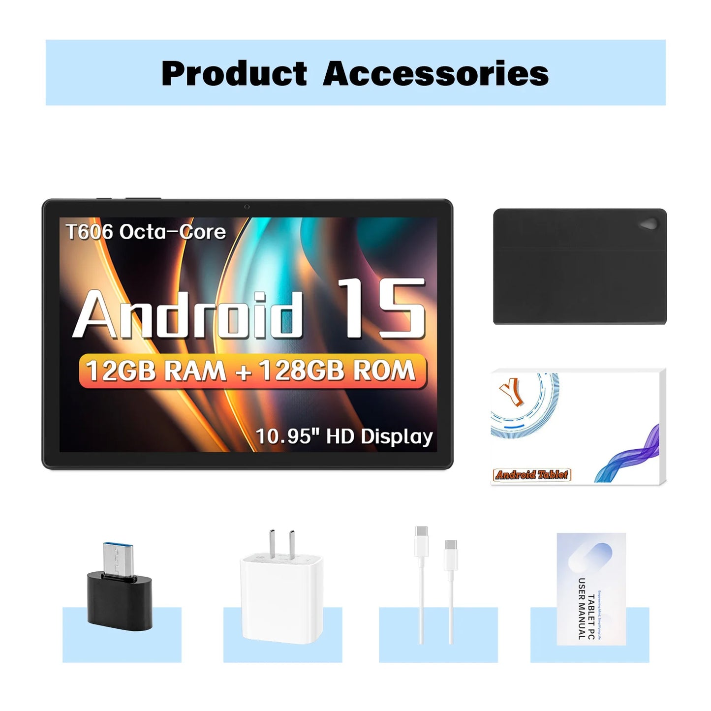 ANRY 10.95-inch HD Display Tablet Android 15 12GB RAM 128 ROM 2.4G/5G WiFi T606 Octa-Code 8000mAh Android Tablets with Case.