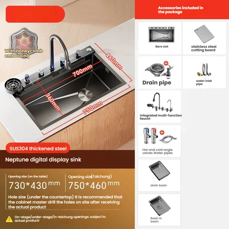Household Intelligent Stainless Steel Kitchen Sink Digital Display Waterfall Wash Dish Basin Honeycomb Emboss Large Single Slot