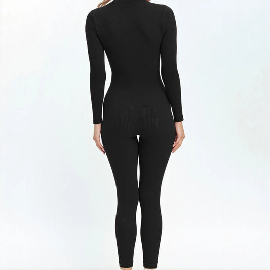Seamless Ribbed Knit Bodysuit Women Zip Up Stand Collar Long Sleeve Thumbhole Yoga Romper Winter Thermal Workout Outfit.