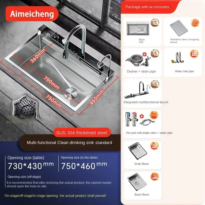 Küchenspüle aus Edelstahl mit Wasserhahn, Digitalanzeige, große Einzelschüssel, Wasserfall, Regen, 5-Funktionen-System, Spülbecken, Spüle