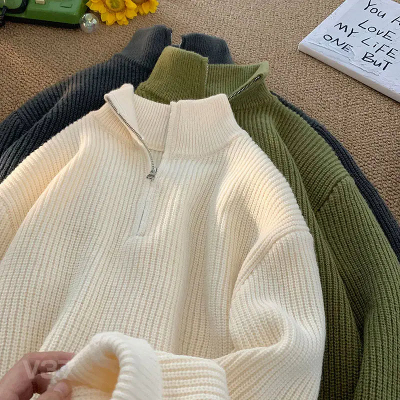 Autumn Winter New Fashion Long Sleeve Stand Up Collar with Half Zipper Sweaters Men's Clothing Casual All-match Knitting Tops.