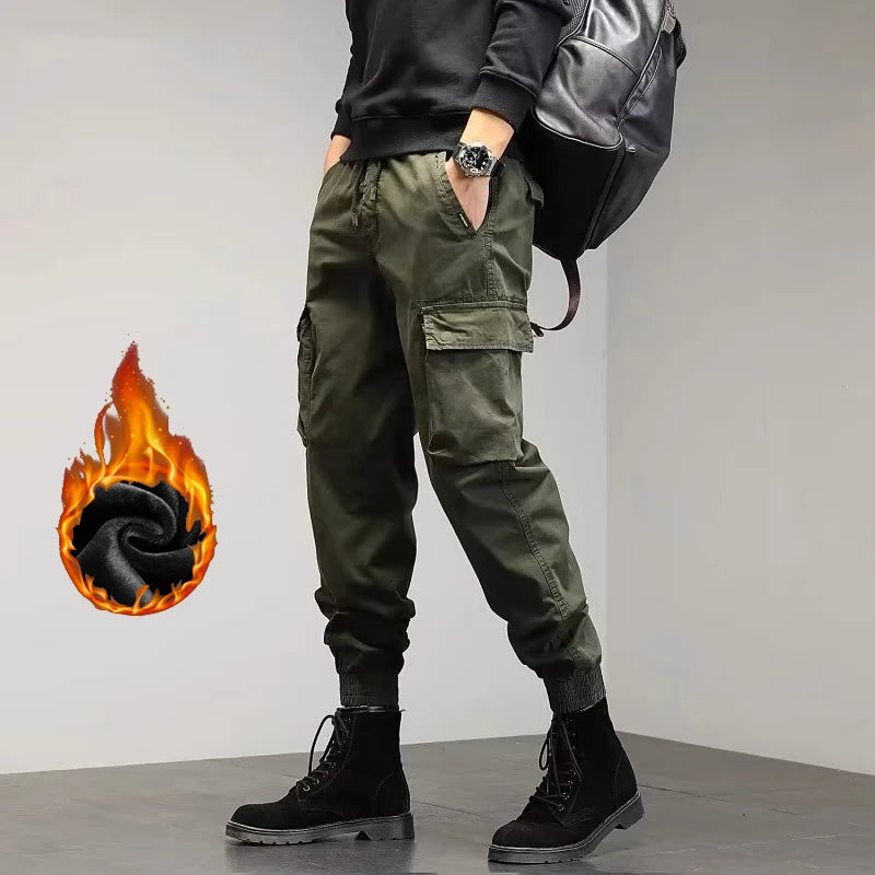 Men's Winter Snow Warm Thermal Plush Cargo Pants Comfortable Elastic Waist Casual Trousers Trend Versatile Concise Outside Pants.