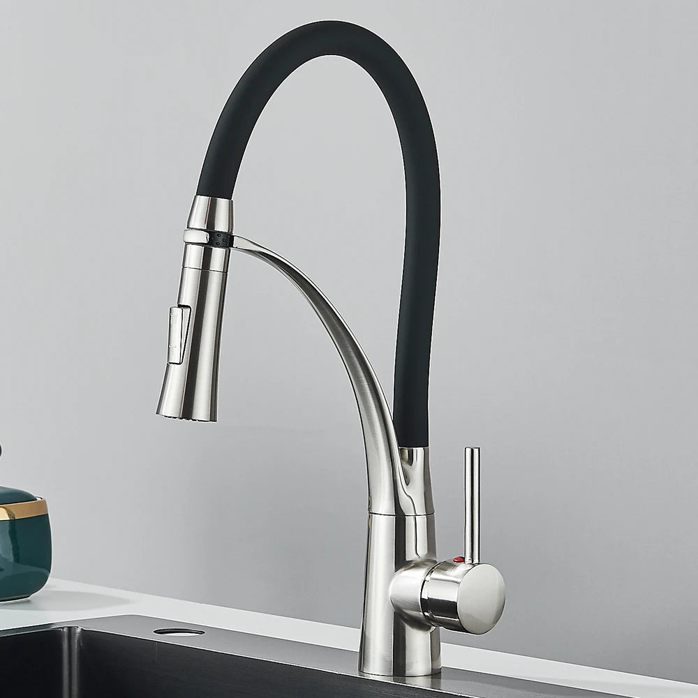 Black Rubber Kitchen Faucet Mixer Tap Rotation Pull Down Stream Sprayer Taps Hot Cold Water Tap One Handle Kitchen Tap