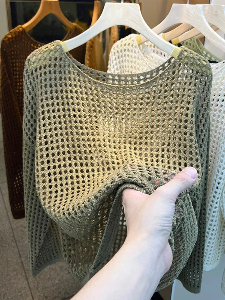 2025 Mesh Vintage Harajuku Langarm Frauen Pullover Koreanische Frühling Sommer Strickwaren Weiche Dünne Tops Chic Solide Femme Pullover
