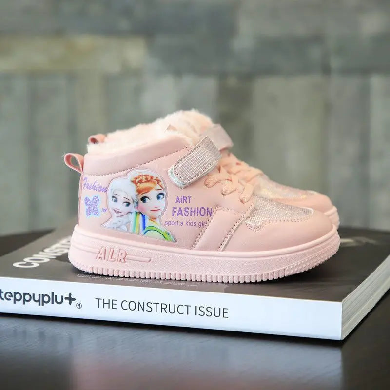 Disney Children Winter Ankle Snow Boots Cartoon Princess Elsa Frozen Pink Casual Shoes For Girls Warm Outdoor Shoes Size 26-37