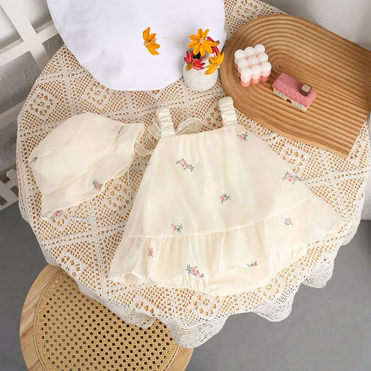 2024 Baby Mädchen Sommer Kleidung Schöne Blumen Hosenträger Body mit Hut Neugeborenen Prinzessin Kleid Infant Outdoor Ein Stück.