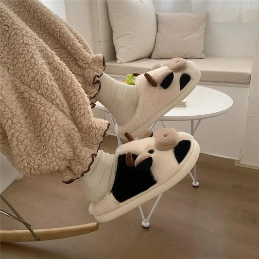 Shevalues Plush Cartoon Milk Cow Slippers Winter Women Slippers Furry Non-Slips Women Cotton Slides Couples Soft Cozy Flat Shoes.
