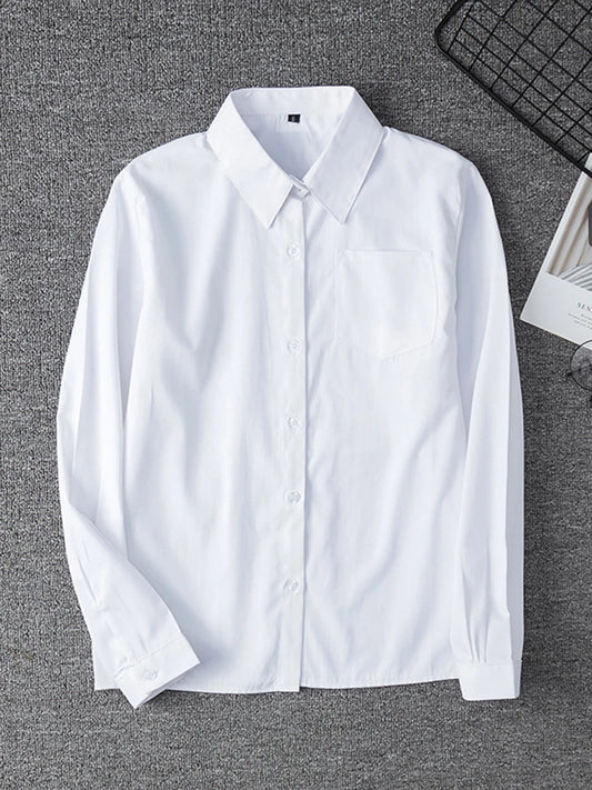 Zoki White Women Shirt Fashion Long Sleeve Casual Turn Down Collar Female Blouse Loose Pocket Button Office Ladies Elegant Tops.