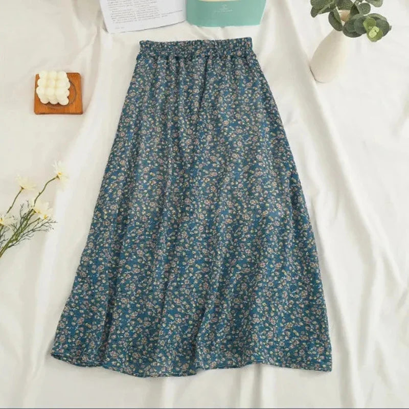 Gidyq Women Chiffon Midi Skirt Korean Fashion Floral Loose Skirts High Waist Female Casual All Match A Line Skirts Summer New