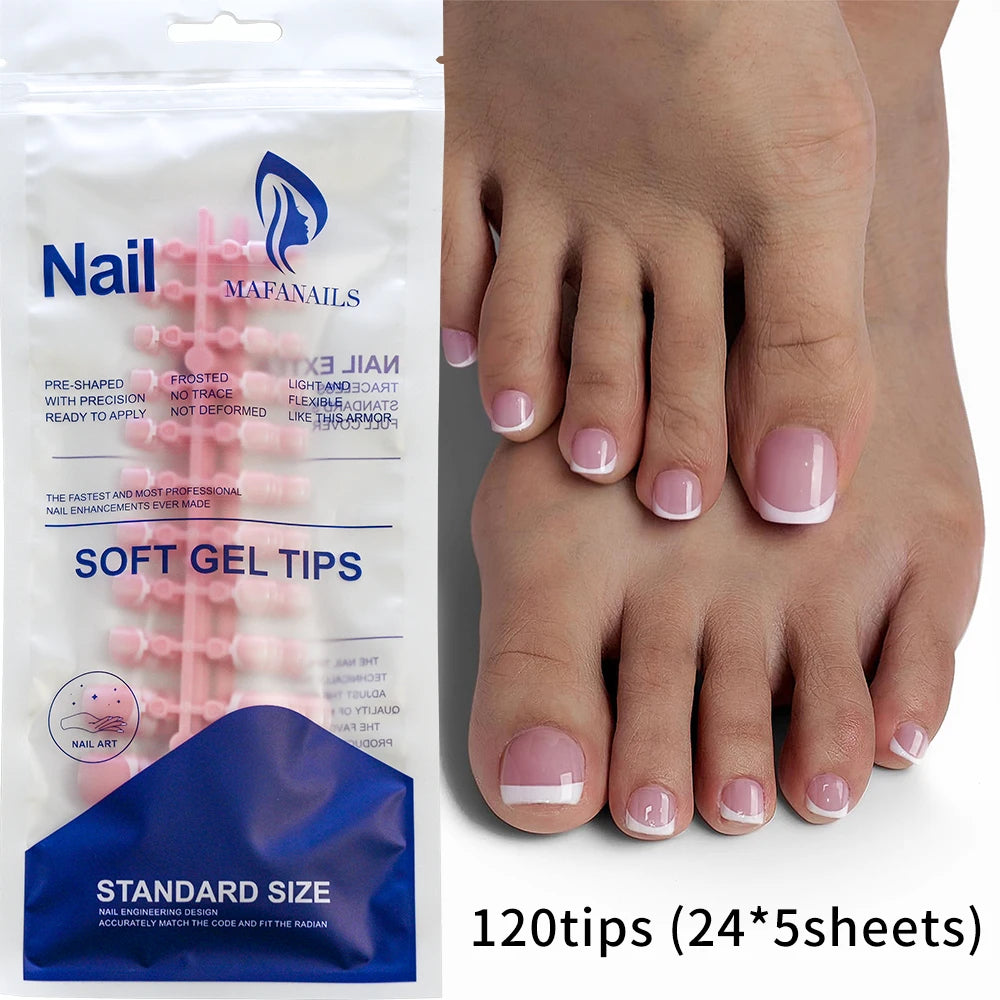 120Pcs Glossy Nude Pink French Press-On-Toenail Set 1*Box Short French Square Fake Toe Nails Solid-Color Manicure Toenails Tips