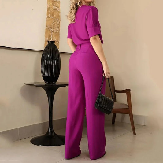Women Pants Sets Short Sleeve O Neck Pullover Top Wide Leg Pants Loose Two Pieces Pockets Casual Basics Ankle Length Elegant.