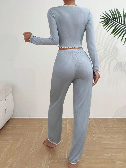 2024 Autumn Winter Homewear Pajamas Set for Women Long Sleeves Shirt Trousers 2 Pieces Sexy Lace Pijamas Sleepwear Loungewear.