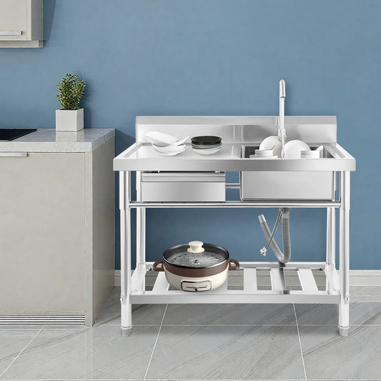 Verdicktes Edelstahl-Spülbecken mit Wasserhahn und Schublade, 150 kg Tragkraft 100 x 60 x 80 cm, für Küche, Restaurant, Wäsche, Garage