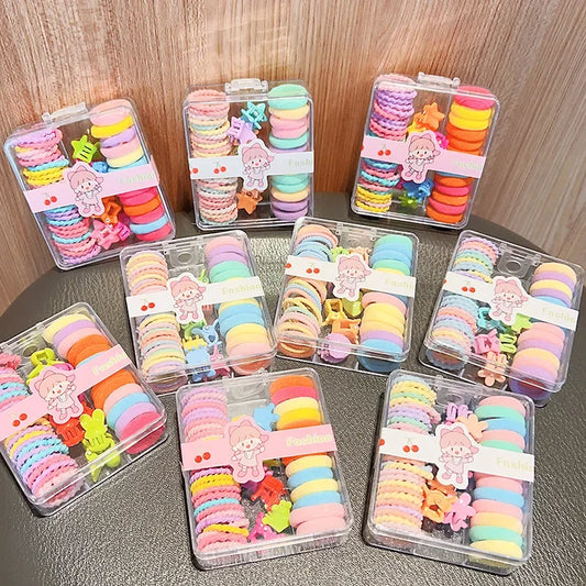 New Cute Box Set Children's New High Elasticity Elastic Band Candy Color Hair Tie Clip Hair Clip Rope Princess Accessories.