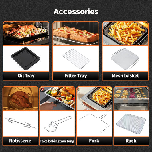 Hot Air Fryer 14L XXL Airfryer Mini Oven 1800W with 11 Programmes LED Screen, 5 Accessories Including Rotisserie and Recipe Book.