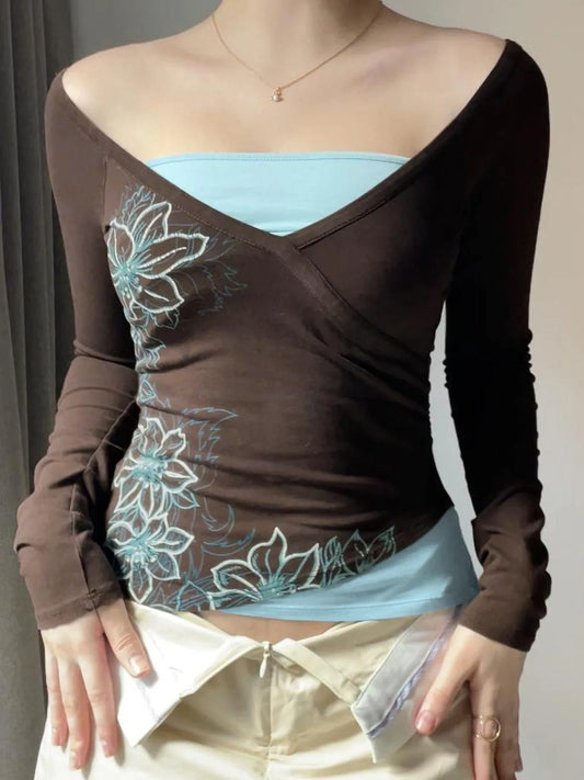 Korobov Y2k Sexy Contrast Color V Neck Long Sleeve Fake Two Piece Flower Print vintage T-Shirts.